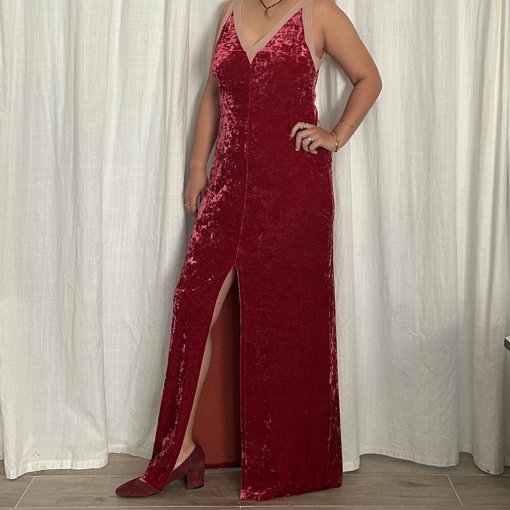 Lilac Wine Red Velvet Evening Maxi Dress Mesh V-Neck High Slit Vintage Size L